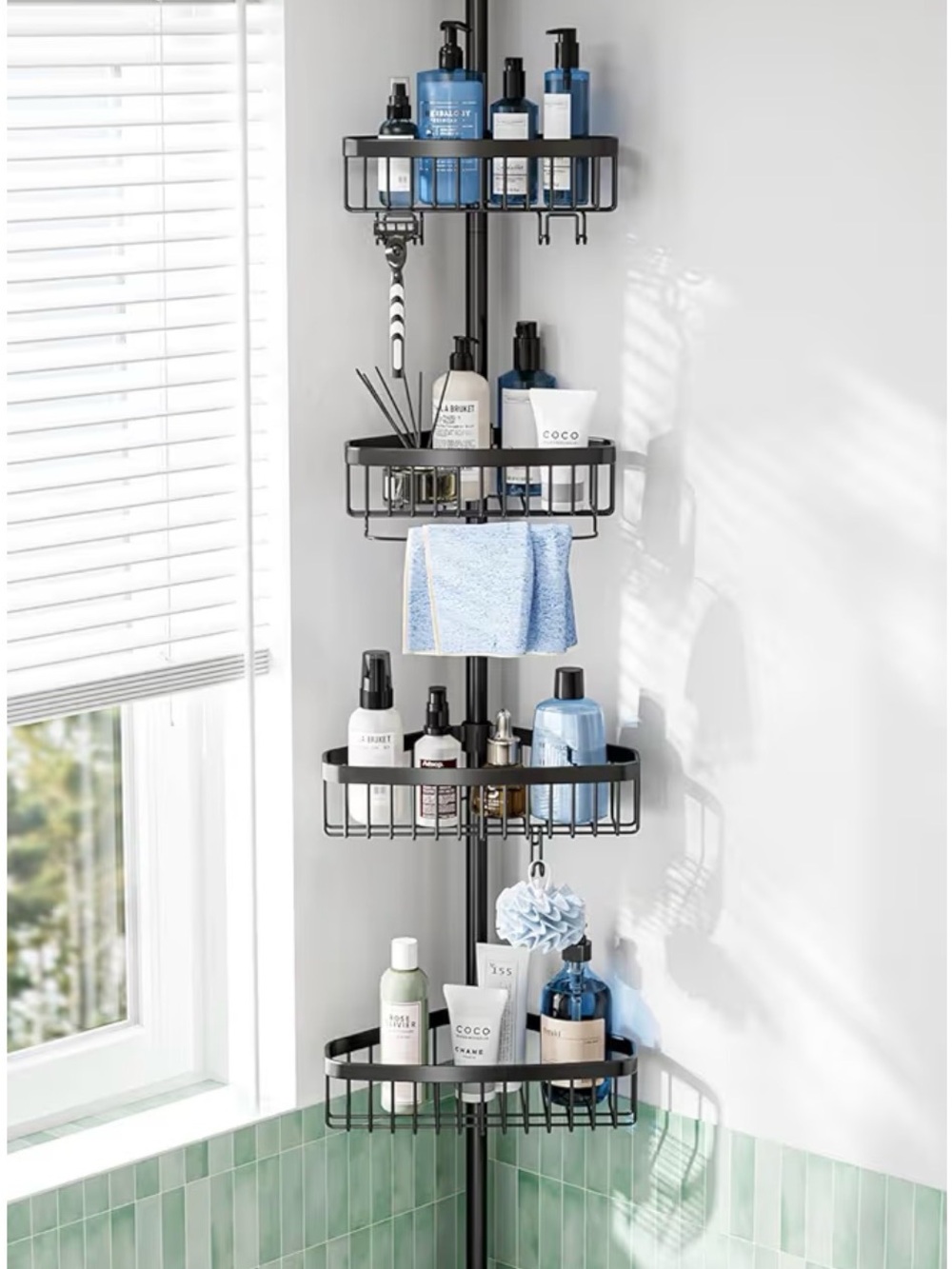 Black Corner Tension Shower Caddy - Organized Bathroom Storage